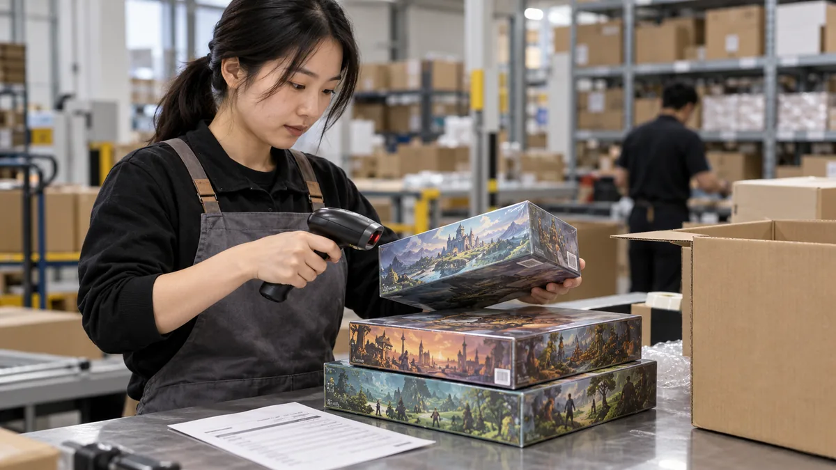 Packer scanning board game boxes to match each order before packing