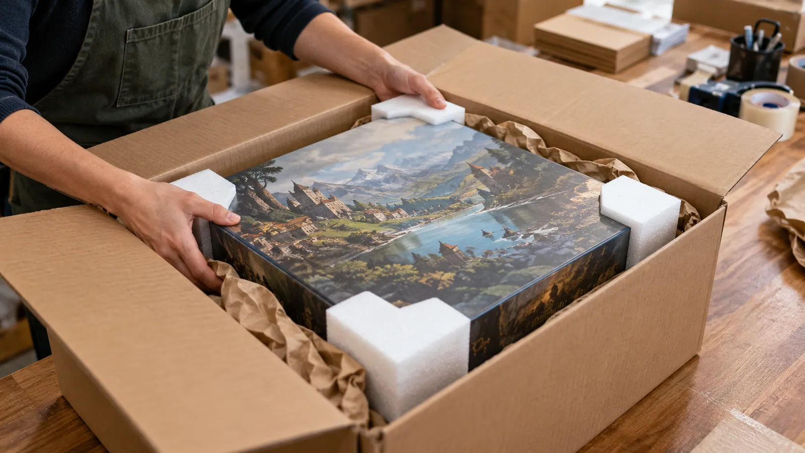 Board game reward packaged for crowdfunding backer delivery