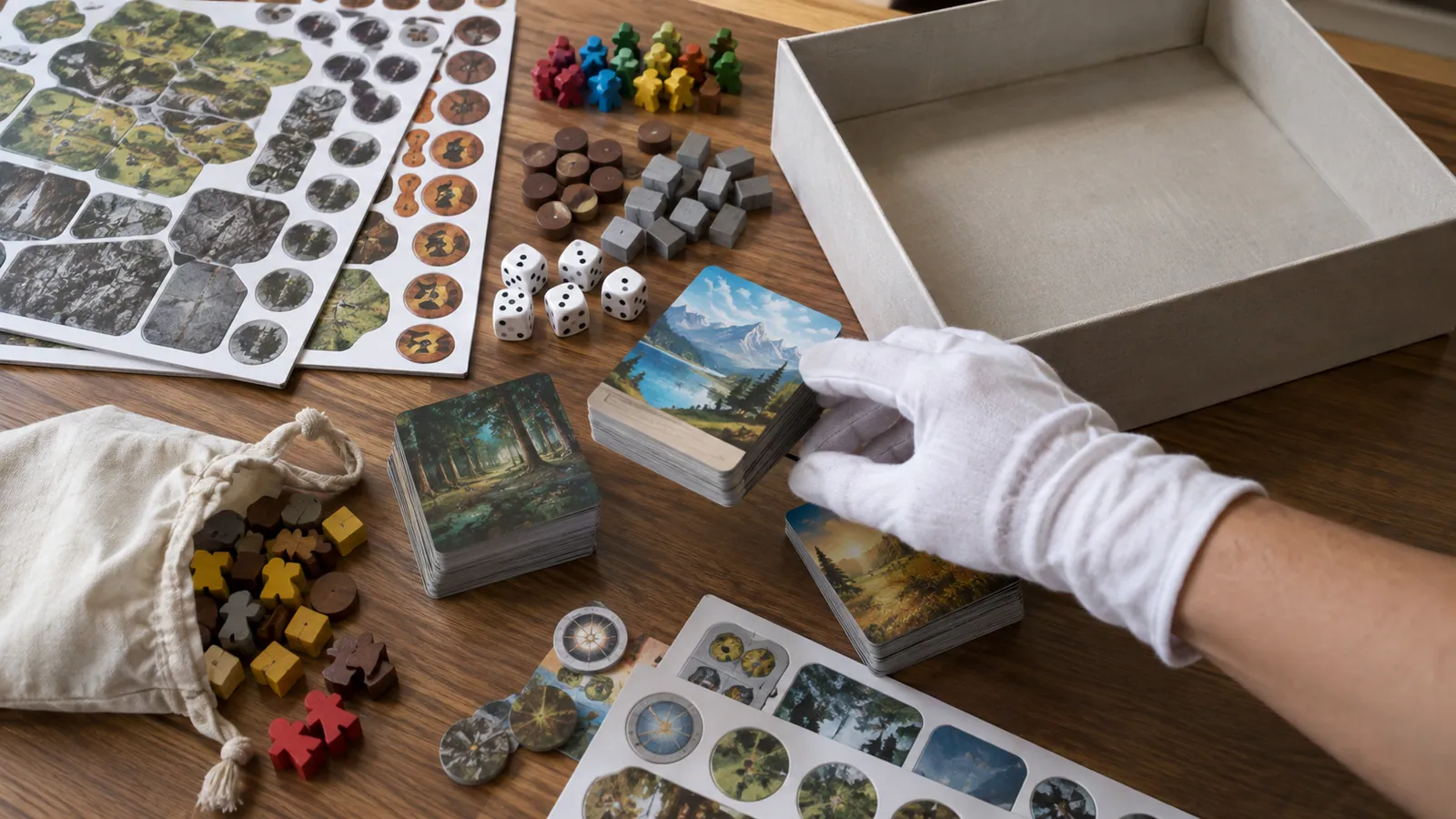 Board game reward components organized for tier assembly